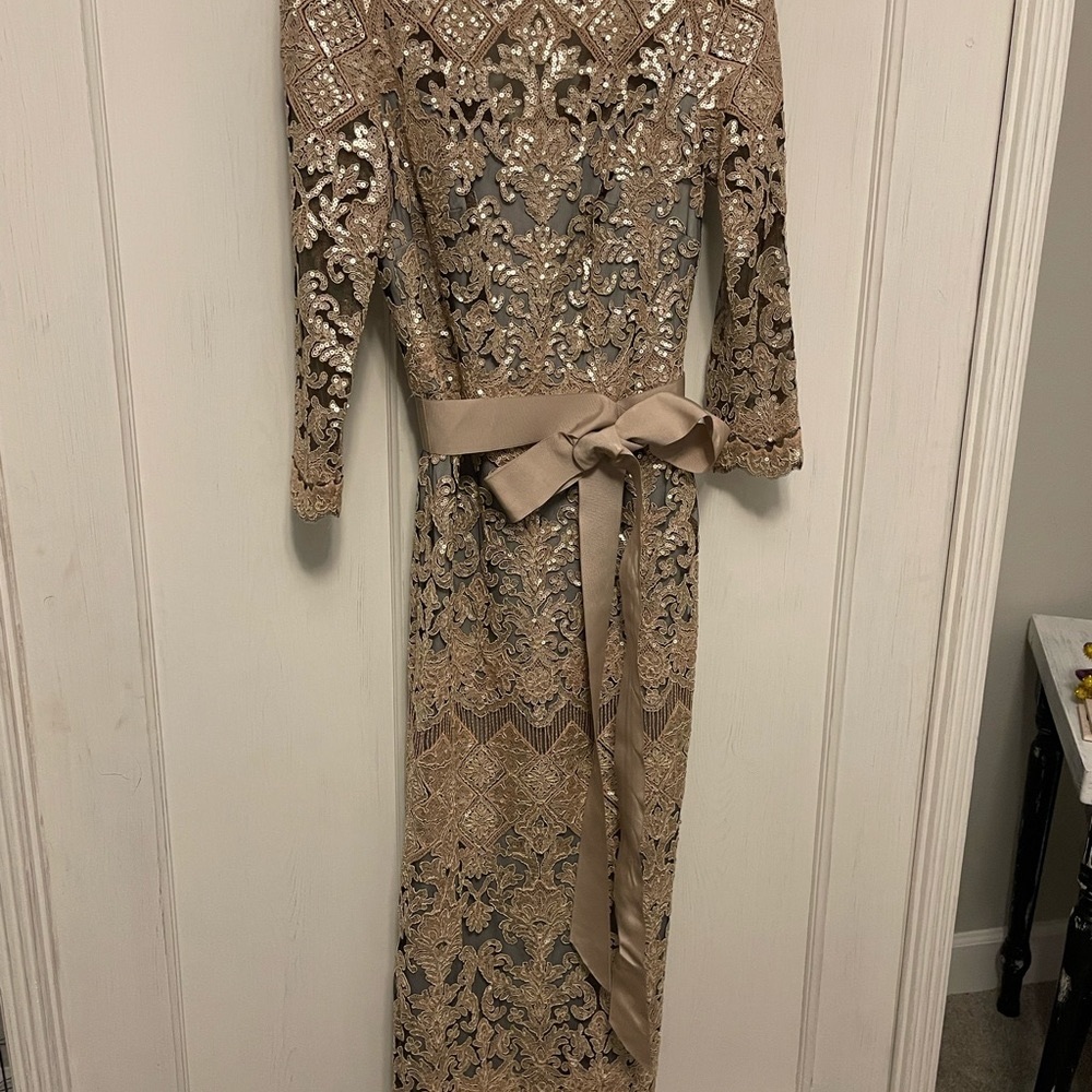 Tadashi Shoji lace gown, gold/tan with gray underlay, shimmer a sequins.